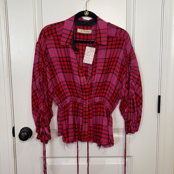 FREE PEOPLE | pacific dawn pink plaid cinched waist top small NWT - Picture 8 of 16